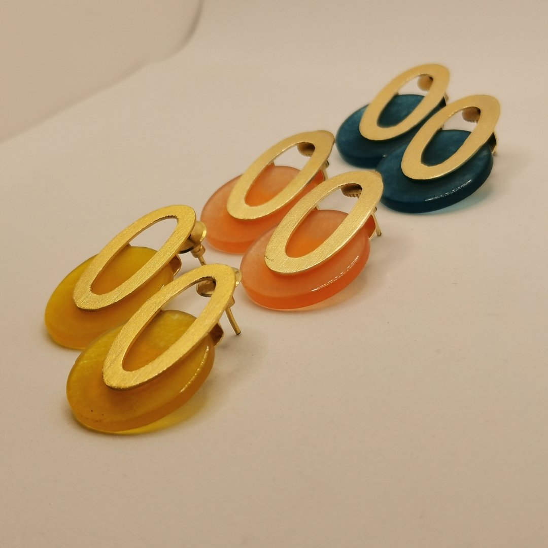 Orecchini Pendenti Doppio Ovale Ottone Placcato Oro 24K e Agata - immagine 2