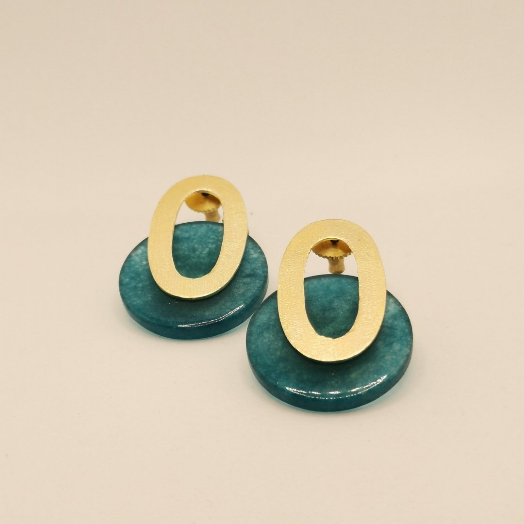 Orecchini Pendenti Doppio Ovale Ottone Placcato Oro 24K e Agata - immagine 8