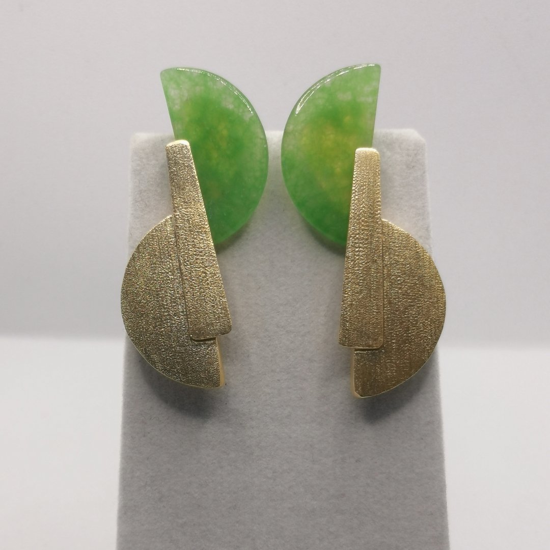 Orecchini Lobo Foglia Asimmetrica Ottone Placcato Oro 24K e Agata - immagine 2