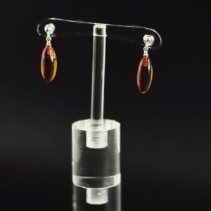 Orecchini Ovale Allungato Argento 925 Ambra Cognac - Forma Elegante Minimalista