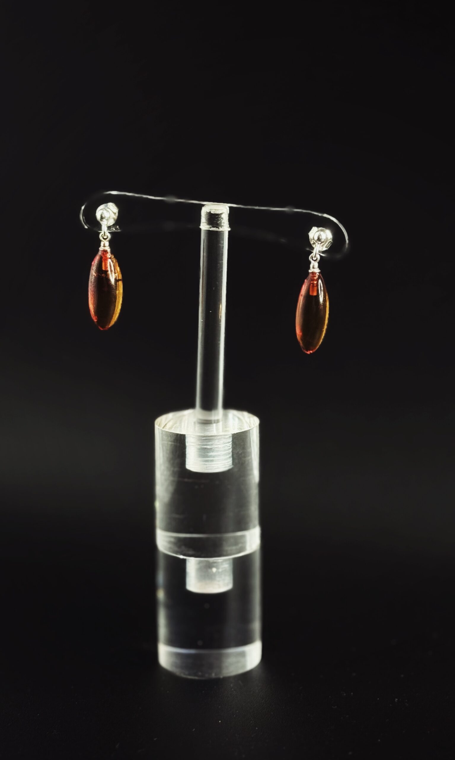 Orecchini Ovale Allungato Argento 925 Ambra Cognac - Forma Elegante Minimalista