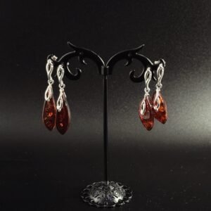 Orecchini Goccia Allungata Cornice Decorativa Argento 925 Ambra Cognac