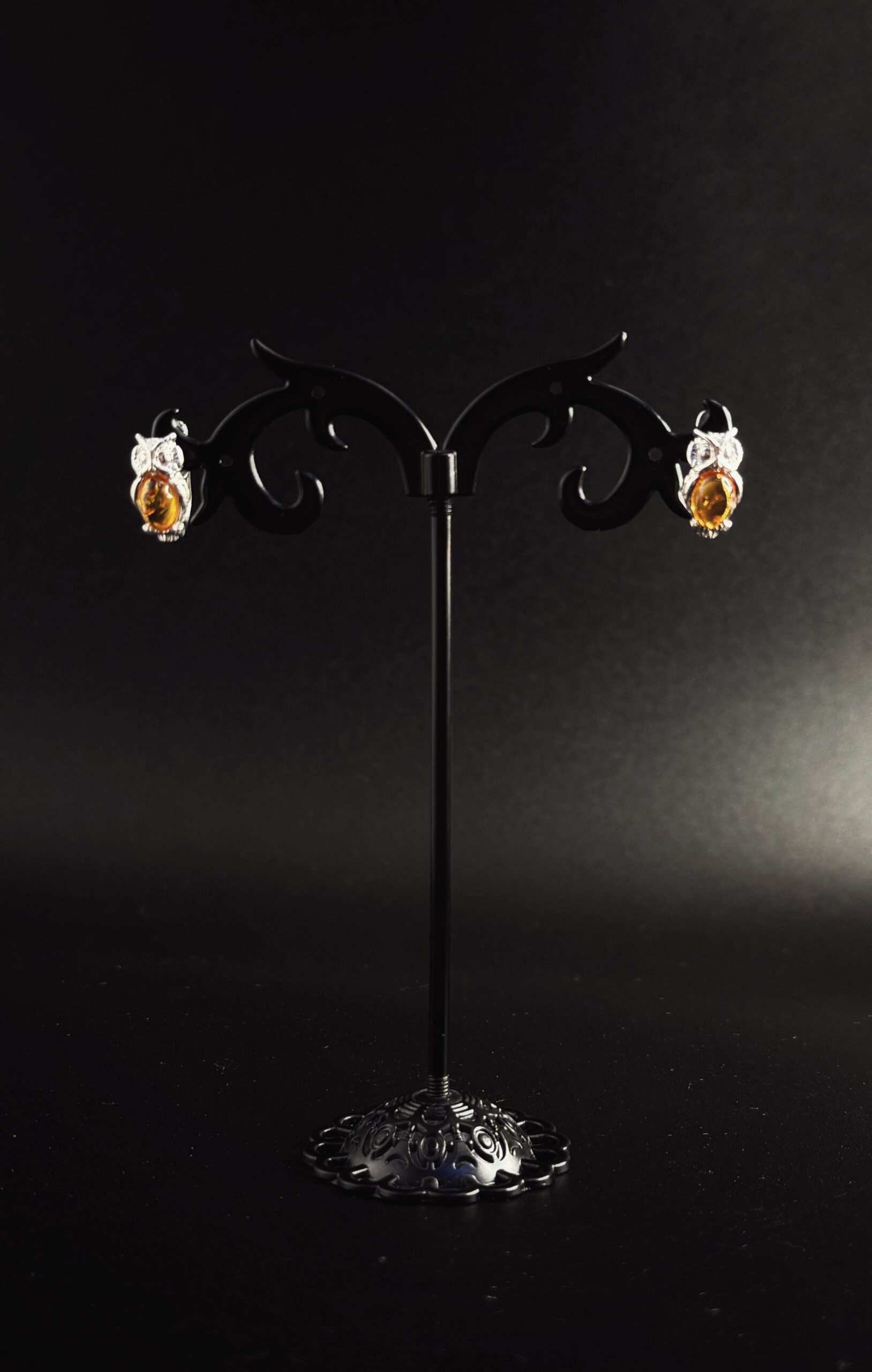 Orecchini Lobo Gufo Civetta Argento 925 Ambra Cognac - Simbolo Saggezza Conoscenza