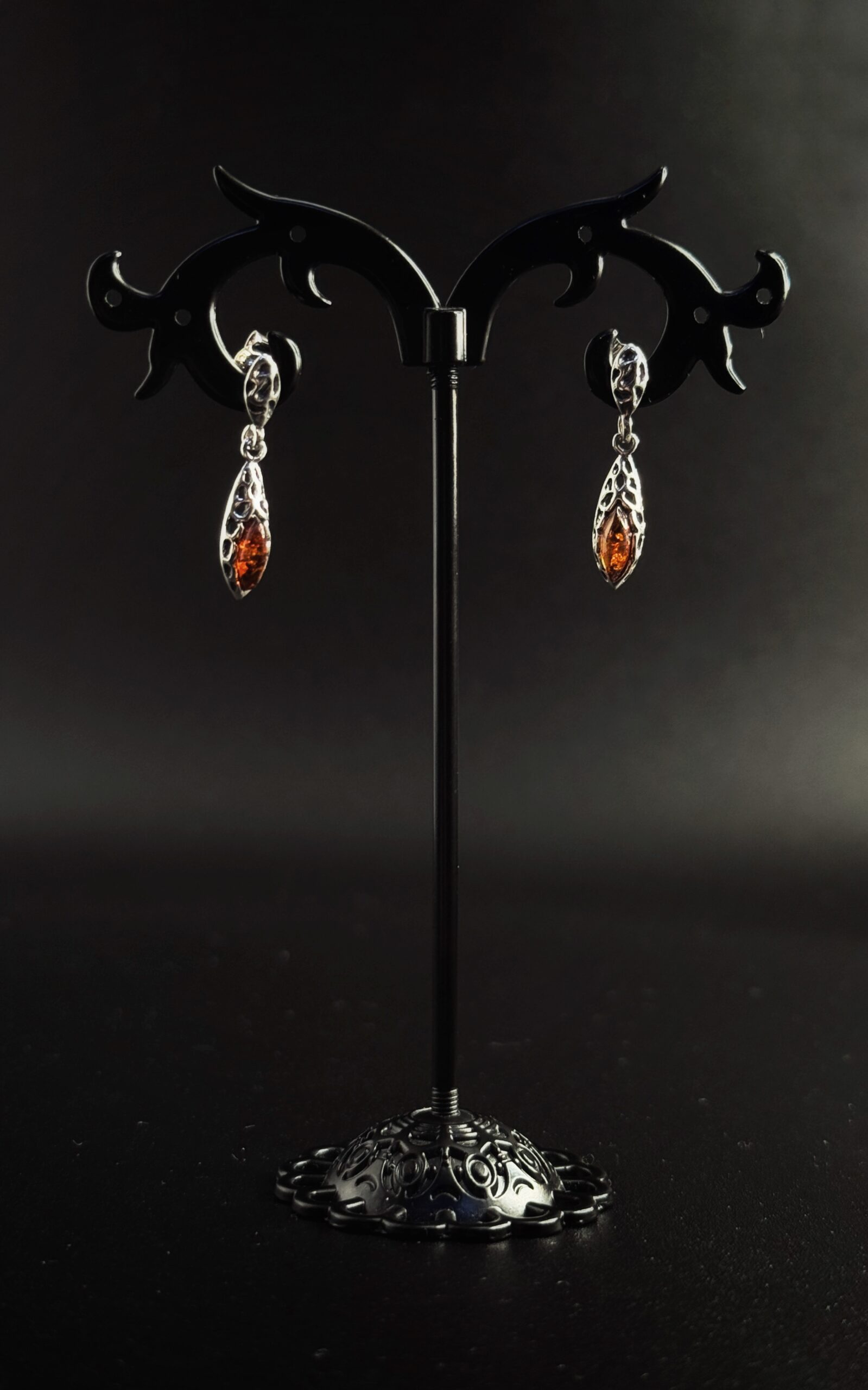 Orecchini Pendenti Marquise Filigrana Argento 925 Ambra Cognac - Pendenti Traforati Eleganti