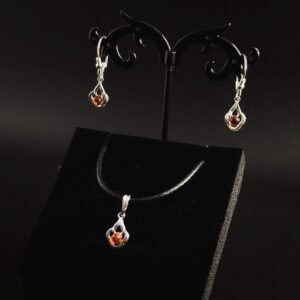 Set Giglio Stilizzato Ciondolo + Orecchini Coordinati Argento 925 Ambra