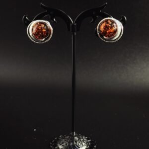 Orecchini Lobo Bottone Cerchi Concentrici Argento 925 e Ambra Cognac