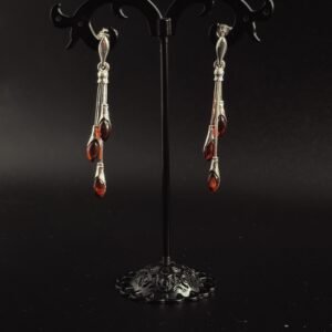 Orecchini Art Déco Argento 925 Ambra Cherry - Tripla Marquise Pendenti Lunghi