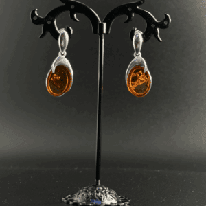 Orecchini Pendenti Goccia Ovale Doppia Cornice Argento 925 e Ambra Baltica